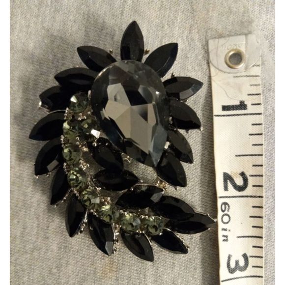 3" Marquise Shape Rhinestone Black Stone Costume Brooch Pin Jewelry Silver Tone - Picture 5 of 5
